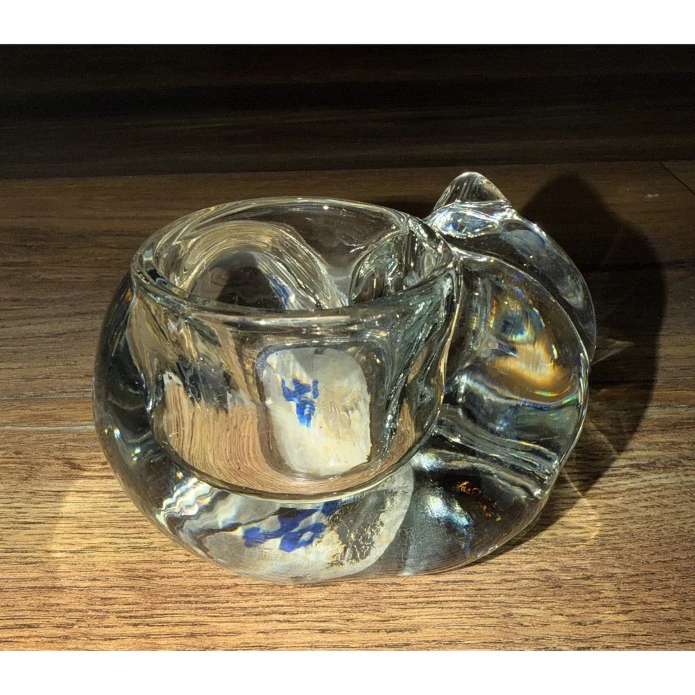 VTG Indiana Glass Sleeping Cat Candle Holder Votive Tea Light Mint‎ Kitten Clear
